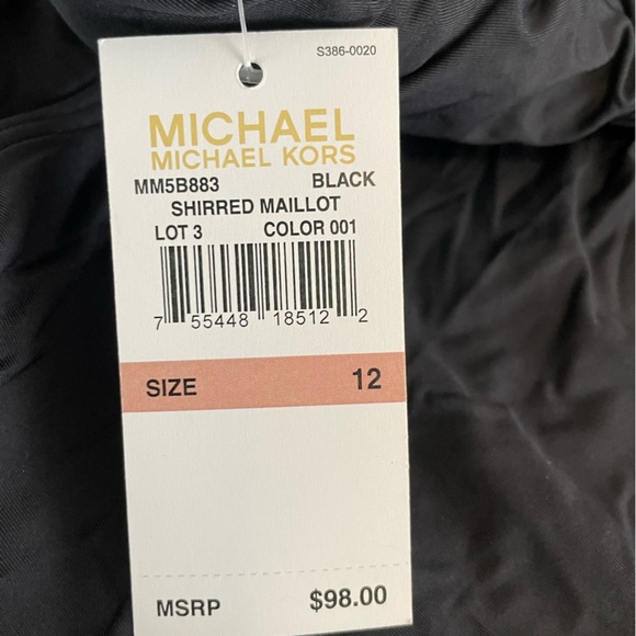 Michael Kors Black Halter Logo MK One Piece Ruched Swimsuit Sz 12 Large Bandeau - Picture 7 of 10